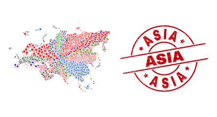 Europe and Asia map mosaic and distress Asia red round seal. Asia seal uses vector lines and arcs. Europe and Asia map collage includes gears, homes, lamps, suns, hands, and more pictograms.