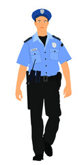 Policeman officer on duty vector illustration isolated on white background. Police man in uniform in patrol on street.  Security service member protect people. Law and order. 