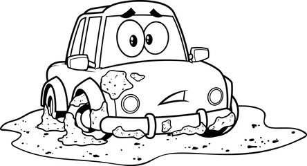 Outlined Funny Car Cartoon Character Stuck Mud Dirty Puddle. Vector Hand Drawn Illustration Isolated On Transparent Background