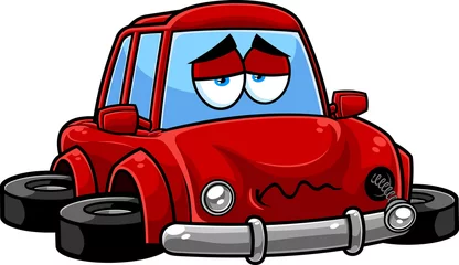 Tuinposter Sad Red Car Cartoon Character Crashed And Broken Vehicle. Vector Hand Drawn Illustration Isolated On Transparent Background © HitToon.com