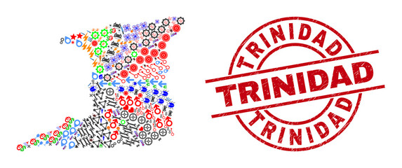 Trinidad Island map mosaic and grunge Trinidad red circle badge. Trinidad badge uses vector lines and arcs. Trinidad Island map mosaic contains helmets, houses, screwdrivers, bugs, hands,