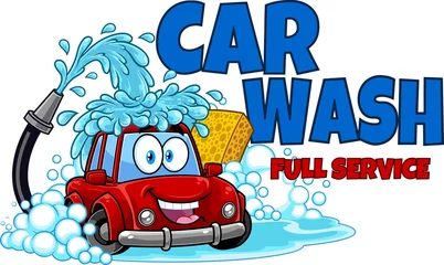 Keuken spatwand met foto Automobile Cartoon Character Washing Itself Over Car Wash. Vector Hand Drawn Illustration Isolated On Transparent Background With Text © HitToon.com