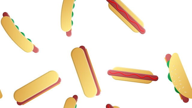 Seamless endless pattern of assorted delicious satisfying hot hot dogs, fast food on a white background. Texture