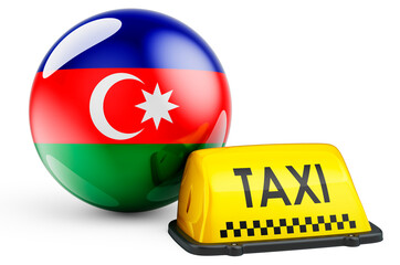 Taxi service in Azerbaijan concept. Yellow taxi car signboard with Azerbaijani flag, 3D rendering