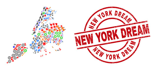 New York City map collage and dirty New York Dream red round badge. New York Dream seal uses vector lines and arcs. New York City map collage contains helmets, homes, screwdrivers, bugs, hands,