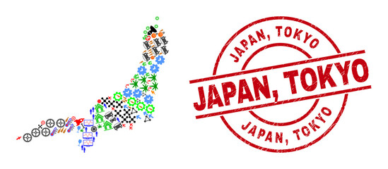 Honshu Island map collage and textured Japan, Tokyo red circle seal. Japan, Tokyo seal uses vector lines and arcs. Honshu Island map collage contains helmets, homes, lamps, suns, stars,