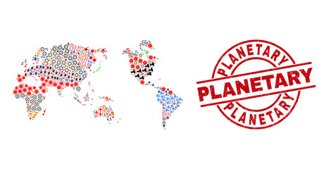 Obraz premium Worldwide map mosaic and dirty Planetary red round stamp seal. Planetary stamp uses vector lines and arcs. Worldwide map mosaic includes gears, homes, screwdrivers, suns, people, and more pictograms.