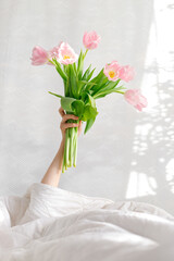 good morning pink tulips in a woman's hand in bed, birthday greetings, international women's day, valentine's day, gift, flowers, pink bouquet, spring tulips, surprise