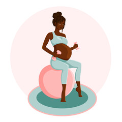 Black pregnant woman goes in for sports. Beautiful woman sits on a ball and holds dumbbells.