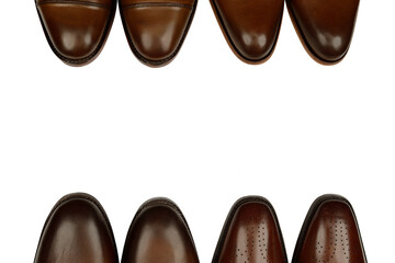 Four men's brown oxford fashion shoes isolated on white background with the space for your text.