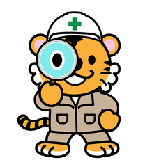 	トラ　工事　作業服　　虫メガネ　イラスト素材