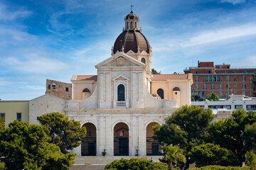 Basilica of Bonaria in neoclassical style in the city of Cagliari. Frontal view of a impressive catalan gothic sanctuary in Sardinia.