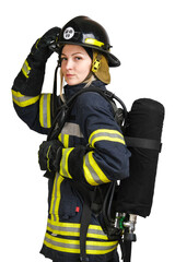 Woman in uniform of firefighter posing in profile with air tank