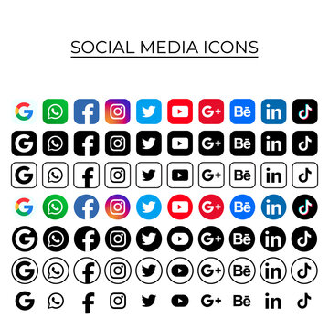 MAGELANG, INDONESIA - MAY 5, 2021: Facebook, Instagram, Twitter, Youtube, WhatsApp, Dribble, Tiktok, Linkedin, Google plus, Google - collection of popular social media icons. Vector illustration