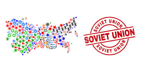 Soviet Union map mosaic and textured Soviet Union red circle stamp imitation. Soviet Union stamp uses vector lines and arcs. Soviet Union map mosaic contains markers, houses, lamps, bugs, hands,