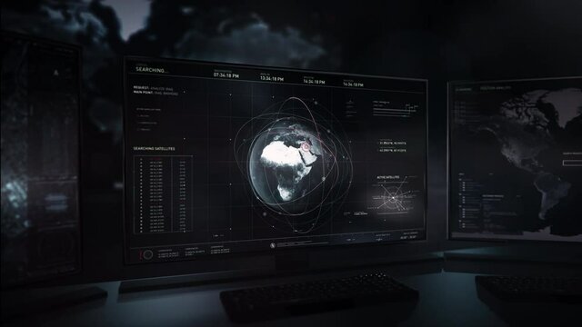 Computer screen. Searching satellites. Active satellites. Analyze Iraq Baghdad request. The international bureau of investigation is using a tracking satellite to find the criminal's location