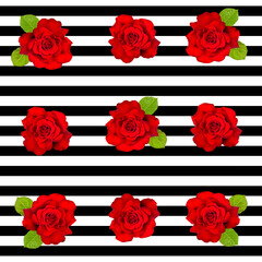 Striped seamless pattern red roses Black white design Retro background