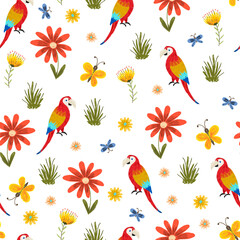 Cute childish sketchy seamless pattern with red and yellow colors flowers, grass and parrots on white background. Colorful floral and birds texture for kids textile, wrapping paper, surface, wallpaper