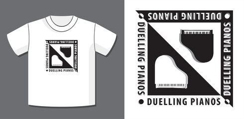 Duelling Pianos Logo Design Composition with Potential Application Example on T-Shirt Template - Black and White Elements on Reverse Background - Retro Misprint Effect Flat Graphic