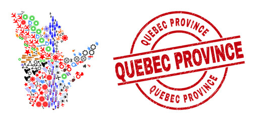 Quebec Province map collage and Quebec Province red round badge. Quebec Province badge uses vector lines and arcs. Quebec Province map mosaic contains helmets, homes, screwdrivers, bugs, wine glasses,