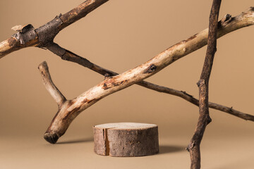 Wooden cylinder shape podium and rusty branches. Background for products cosmetics, food or...