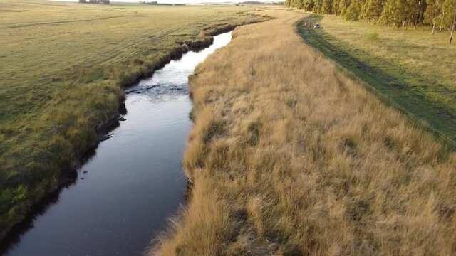Beautiful aerail drone view, farm and river