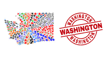 Obraz premium Washington State map collage and grunge Washington red round stamp imitation. Washington stamp uses vector lines and arcs. Washington State map collage includes helmets, homes, showers, bugs,