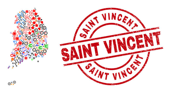 South Korea map mosaic and dirty Saint Vincent red round stamp seal. Saint Vincent stamp uses vector lines and arcs. South Korea map collage contains gears, homes, screwdrivers, bugs, men,