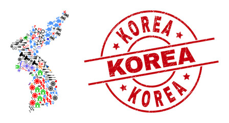 Korea map collage and dirty Korea red round stamp imitation. Korea seal uses vector lines and arcs. Korea map collage contains helmets, houses, showers, bugs, stars, and more icons.