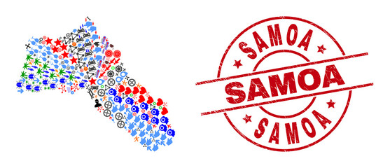 Kurdistan map collage and scratched Samoa red round stamp. Samoa stamp uses vector lines and arcs. Kurdistan map collage contains helmets, homes, showers, bugs, wine glasses, and more symbols.