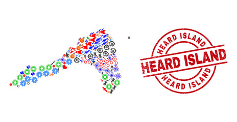 Koh Lipe map collage and dirty Heard Island red circle watermark. Heard Island seal uses vector lines and arcs. Koh Lipe map collage contains markers, homes, lamps, suns, hands, and more pictograms.