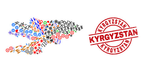 Kyrgyzstan map mosaic and scratched Kyrgyzstan red round badge. Kyrgyzstan badge uses vector lines and arcs. Kyrgyzstan map mosaic includes helmets, homes, lamps, suns, people, and more pictograms.