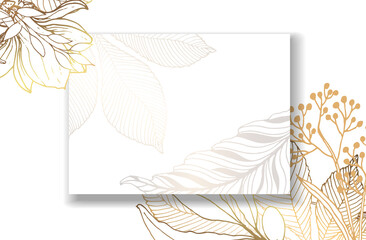 Plants line gold. Invitation card template. Garden leaves. Detailed outline drawing. Rectangular frame with placeholder text. Luxurious bright shiny gold.