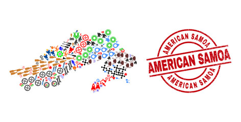 Arunachal Pradesh State map collage and scratched American Samoa red round watermark. American Samoa badge uses vector lines and arcs. Arunachal Pradesh State map collage includes gears, homes,