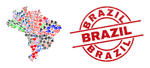 Brazil map mosaic and textured Brazil red round stamp. Brazil stamp uses vector lines and arcs. Brazil map mosaic includes gears, homes, showers, bugs, wine glasses, and more symbols.