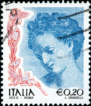 stamp printed in Italy shows portrait of Danae by Correggio