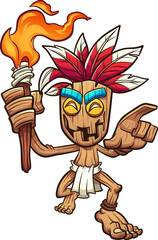 Wooden Tiki character holding a torch. Vector clip art illustration with simple gradients. All on a single layer. 

