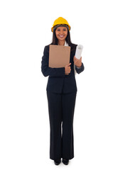 Full length of asian smiling woman architect holding blueprints and clipboard. Isolated portrait of woman engineer