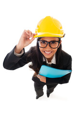 Full length of asian smiling woman architect holding blueprints and clipboard. Isolated portrait of woman engineer