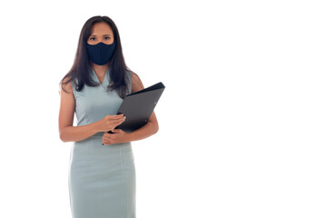 Flu epidemic, dust allergy, protection against virus concept- studio portrait of young asian business woman wearing a face mask, looking at camera, isolated on white background