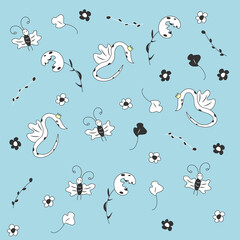 Cute pattern in doodle style with flowers on a blue background.
