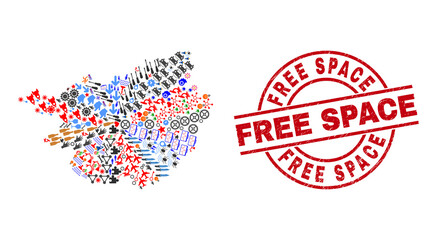 Guangxi Province map mosaic and unclean Free Space red round seal. Free Space seal uses vector lines and arcs. Guangxi Province map mosaic contains gears, homes, lamps, bugs, wine glasses,