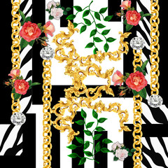 pattern with animals and flowers, stripes golden chains pattern