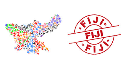 Jharkhand State map mosaic and textured Fiji red round seal. Fiji seal uses vector lines and arcs. Jharkhand State map collage includes helmets, houses, wrenches, suns, stars, and more icons.