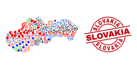 Slovakia map collage and distress Slovakia red round badge. Slovakia seal uses vector lines and arcs. Slovakia map collage includes gears, homes, wrenches, bugs, wine glasses, and more icons.