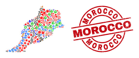 Morocco map mosaic and scratched Morocco red round stamp imitation. Morocco stamp uses vector lines and arcs. Morocco map mosaic includes gears, houses, showers, bugs, men, and more icons.