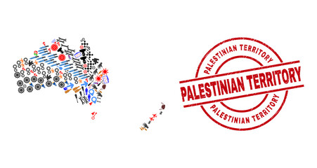 Australia and New Zealand map collage and unclean Palestinian Territory red round stamp print. Palestinian Territory stamp uses vector lines and arcs.