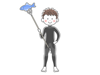 ウエットスーツを着て素潜り漁をする人のイラスト