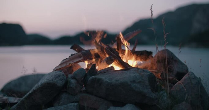 bornfire at dawn blue hour norway at fjord 4k