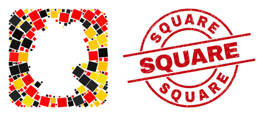 German geographic map mosaic in Germany flag official colors - red, yellow, black, and unclean Square red round stamp imitation. Square stamp uses vector lines and arcs.